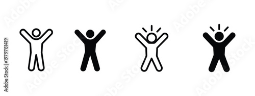 happy person icon with raised arms, joyful human figure pictogram, success celebration and positive emotion concept, business achievement and motivation symbol, clean modern vector illustration.