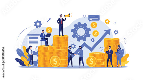 Business financial growth and investment profit concept with people working around giant stacks of golden coins and gears.