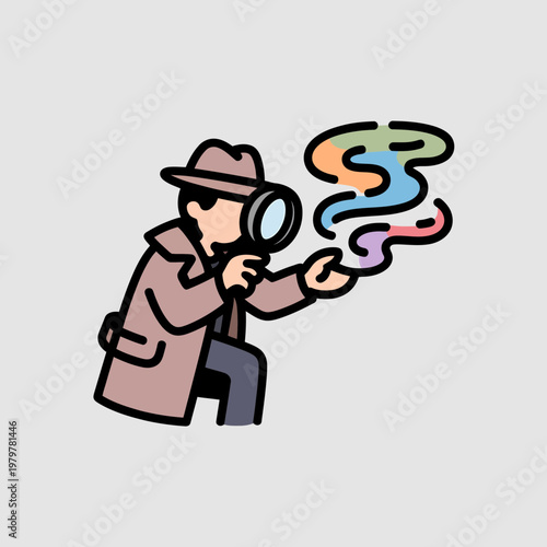 Detective Searching with Magnifying Glass and Rainbow Smoke