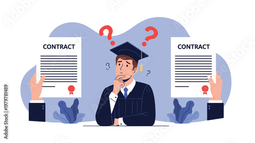 Confused graduate student in a cap and gown standing between two different employment contracts and trying to make a choice.