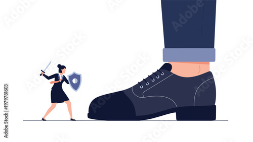 Courageous businesswoman with a sword and shield standing her ground against a giant corporate foot in a metaphor for struggle.