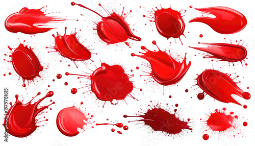 Assortment of vibrant, crimson splashes and paint blobs of various shapes and sizes against a black backdrop