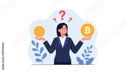 Businesswoman balancing a dollar coin and a bitcoin while looking confused with red question marks overhead against a blue background.
