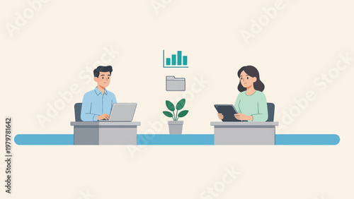 Two people working at desks with devices