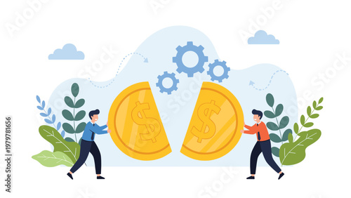 Two professional businessmen pushing two halves of a giant gold dollar coin together to finalize a successful merger deal.