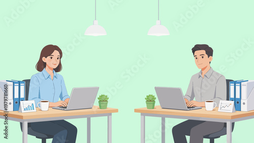Two people working on laptops in an office