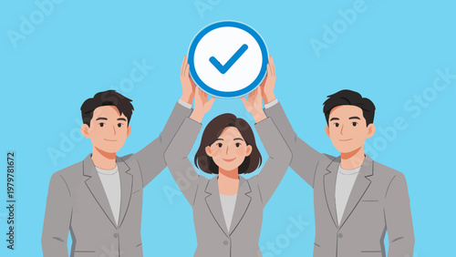 Three people holding a checkmark symbol
