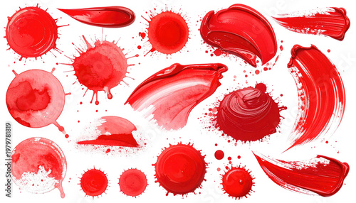 Assortment of red paint strokes, splatters, and circles on a black background, showcasing various textures