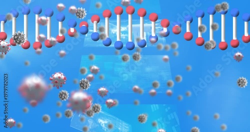 Animation of dna strand spinning and molecules on blue background
