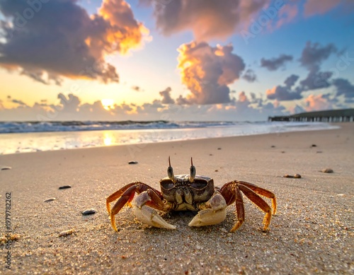 Crab close-up on sandy beach with ocean, waves, pier and sunrise sky in distance
