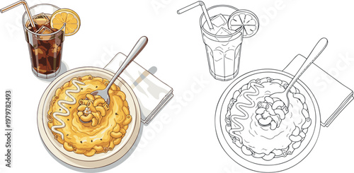 mac and cheese with drinks vector illustration hand drawn clipart and lineart