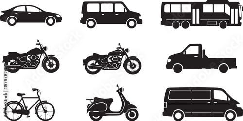 Transportation Vehicles Silhouette Set Car Bus Van Truck Motorcycle Bicycle Scooter Icons Isolated on White