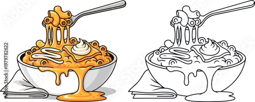 mac and cheese with drinks vector illustration hand drawn clipart and lineart