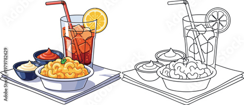 mac and cheese with drinks vector illustration hand drawn clipart and lineart