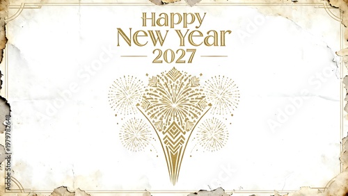 Elegant vintage style Happy New Year 2027 greeting card with golden fireworks and ornate borders