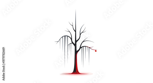 Lone bare tree with one red apple against white background