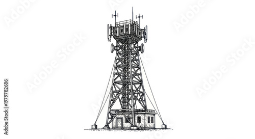 Hand-drawn illustration of a telecommunication tower with antennas and equipment