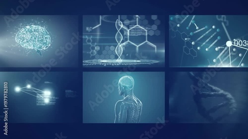 Animation of scientific and biological data processing on screens on pink background