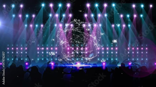 Animation of glowing spots over network of connections and data processing