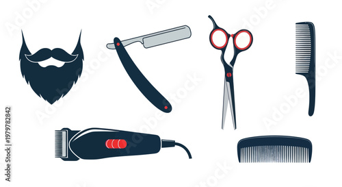 Barber Tools Collection: Beard, Clippers, Scissors, Combs, Straight Razor