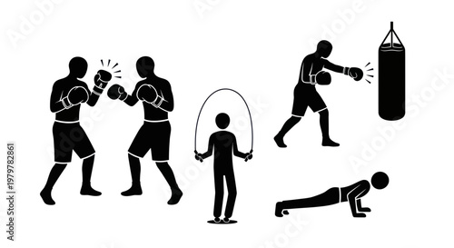 Boxing Training And Fitness Icons: Punching Bag, Jump Rope, Push-ups, Sparring