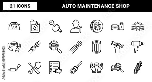 Car service and auto repair outline icons for mechanic shop and maintenance.