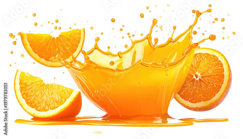Vivid orange slices surround a dynamic splash of fresh, golden juice, creating an eye-catching illustration