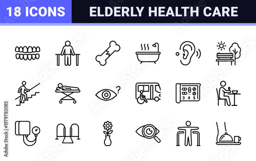 Senior care and nursing home line icon set