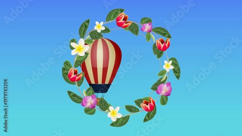 Animation of colorful flowers and leaves wreath over flying hot air balloon on blue background