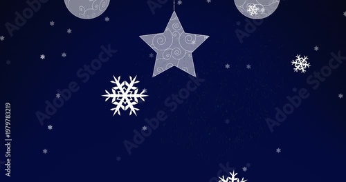 Animated fireworks and glowing snowflakes celebrate on a digital gray background.