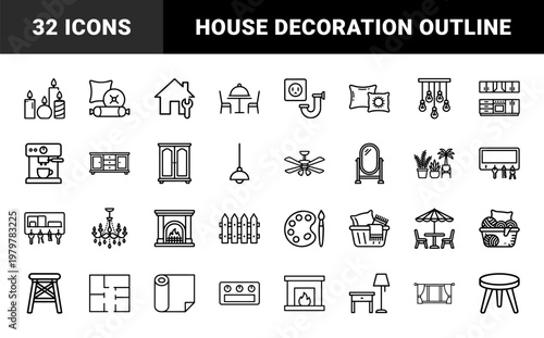 Minimalist home decoration and interior design thin line icon set