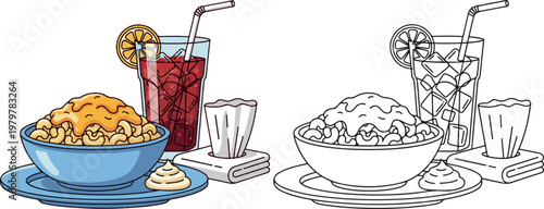 mac and cheese with drinks vector illustration hand drawn clipart and lineart
