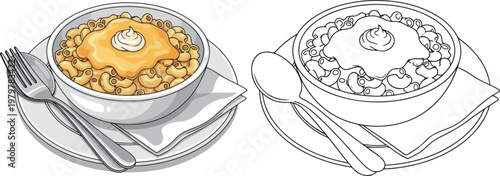 mac and cheese with drinks vector illustration hand drawn clipart and lineart