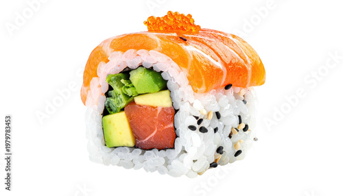 Close-up image of a single sushi roll with a variety of colorful ingredients, including fish, avocado, and rice. The roll is topped with roe