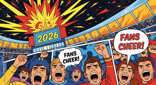 Sports Fans Cheer at Stadium, Year 2026 Event Celebration