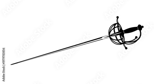 An isolated white background highlights a sharp metal sword and shield alongside two crossed swords as steel equipment and old vector objects
