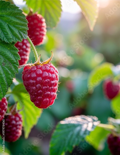Fresh ripe raspberries growing on bush in sunny garden, close-up of red berries with green leaves.