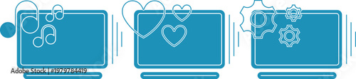 Televisions and computers, monitors with settings and audio music. Touch screens with setup instructions, hearts, and musical notes. Vector orange technology icons
