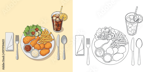 chicken fry with french fry and drinks vector illustration hand drawn clipart and lineart