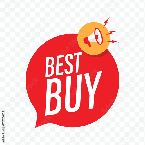 red speech bubble featuring best buy text and a megaphone icon for retail sale promotions