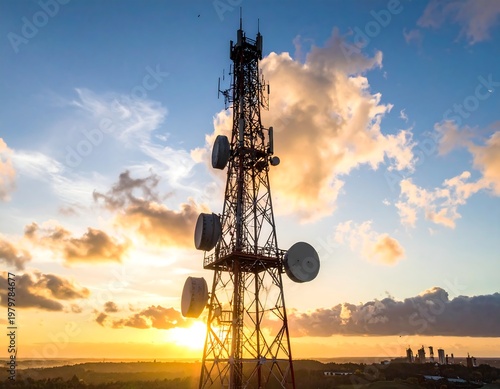 Tall tower, antennas, sky. Sunrise/sunset with fluffy clouds.  Rural horizon, treeline visible