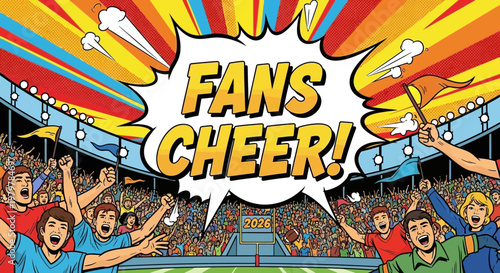 Sports Fans Cheering at Stadium, Excitement, Victory, Comic Book Style
