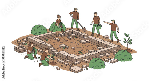 Construction workers, building foundation, brick wall, site preparation, illustration