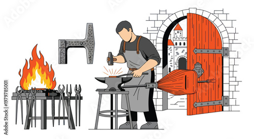 Blacksmith at work, medieval craftsman, metalworking scene, industrial heritage