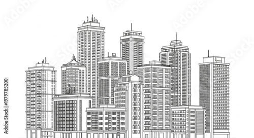Modern Cityscape Illustration with Tall Buildings and Skyscrapers.