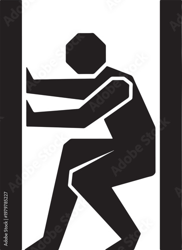 Black and white silhouette of a person struggling to fit through a narrow space also transparent background