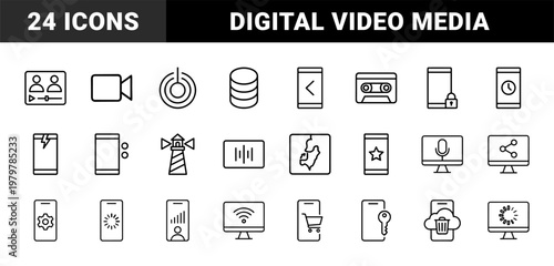 Live streaming and video broadcasting line icon set