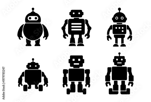 Retro robot icons set, 6 black silhouette android characters, vintage toy robot vector