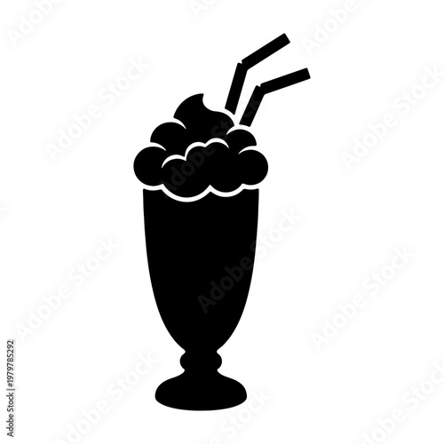 Milkshake silhouette icon, sweet dessert drink with whipped cream, cold frappe vector