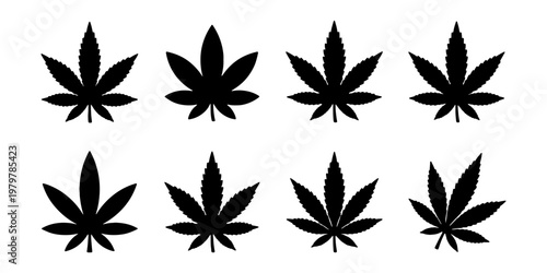 Cannabis leaf silhouette set, 8 black marijuana icons, medicinal hemp plant vector art